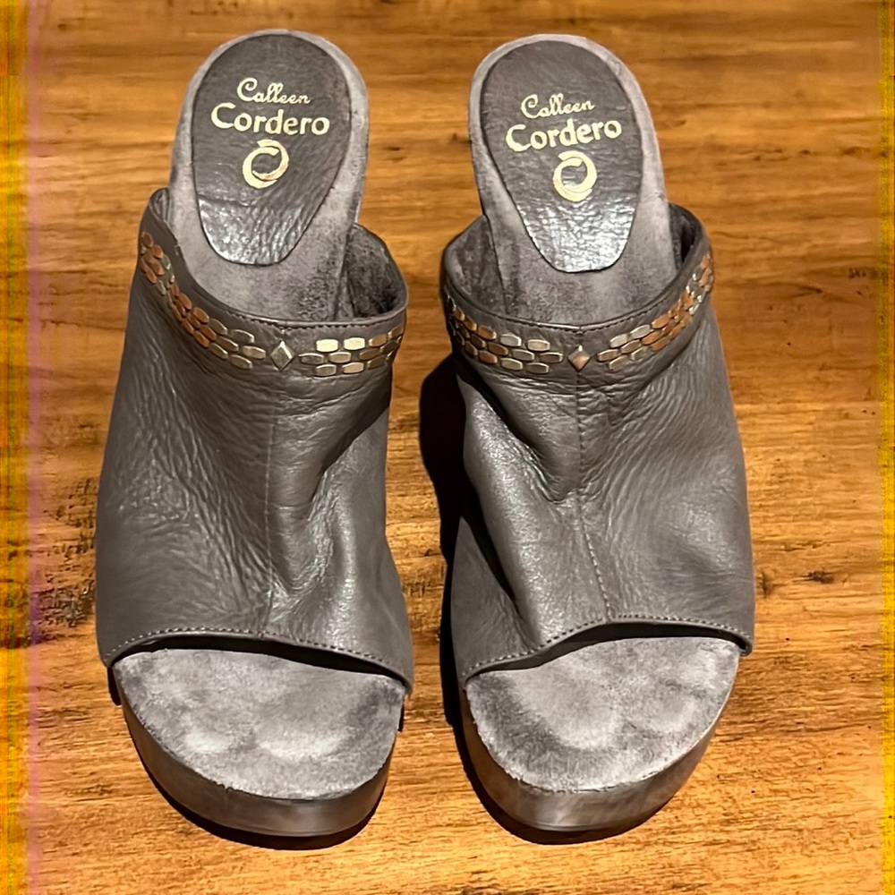 Calleen Cordero grey leather wood heel platform slip on studded sandals Size 40
